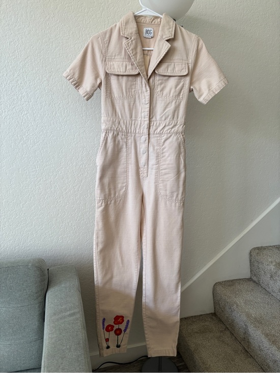 BDG Pants - BDG Light Beige Short-Sleeve Utility Jumpsuit with Floral Embroidery